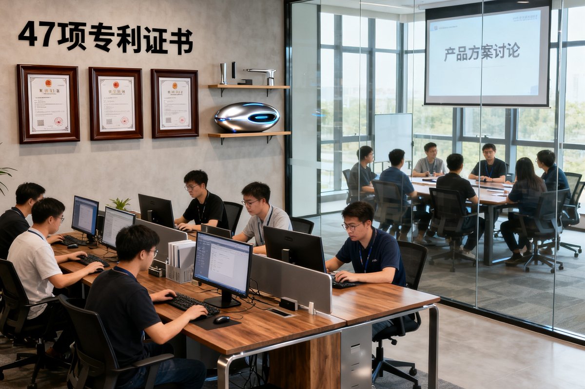 AGGAME北京研发总部的开放式办公空间，背景墙面展示着公司47项专利证书和产品原型，数十名工程师在工位上专注工作，会议室里正在进行产品方案讨论。