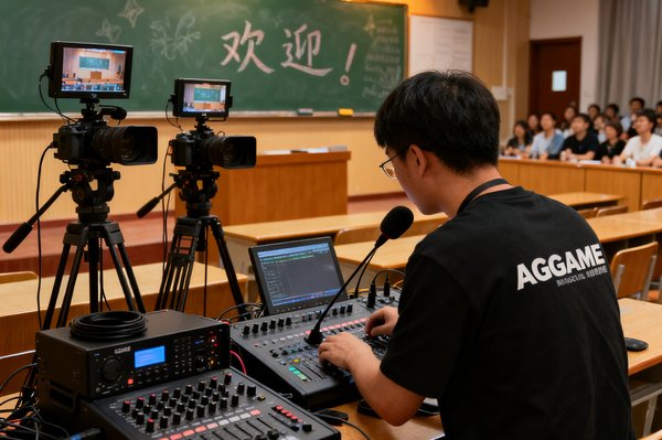 一名AGGAME技术支持工程师在合作学校的教室内现场调试多机位摄像头和音频设备，黑板上写着欢迎标语，教室后方有观摩区。