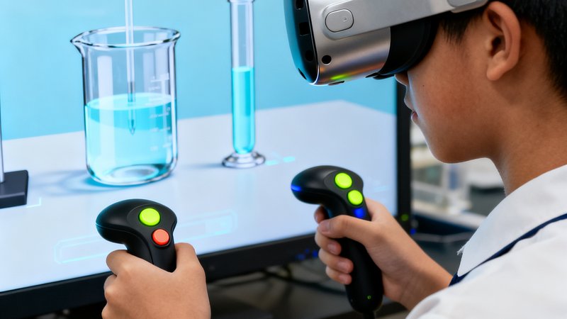 一名中学生佩戴VR头显设备，双手持握感应手柄，正在虚拟仿真环境中进行化学滴定实验操作，虚拟烧杯和试管在屏幕上逼真呈现。
